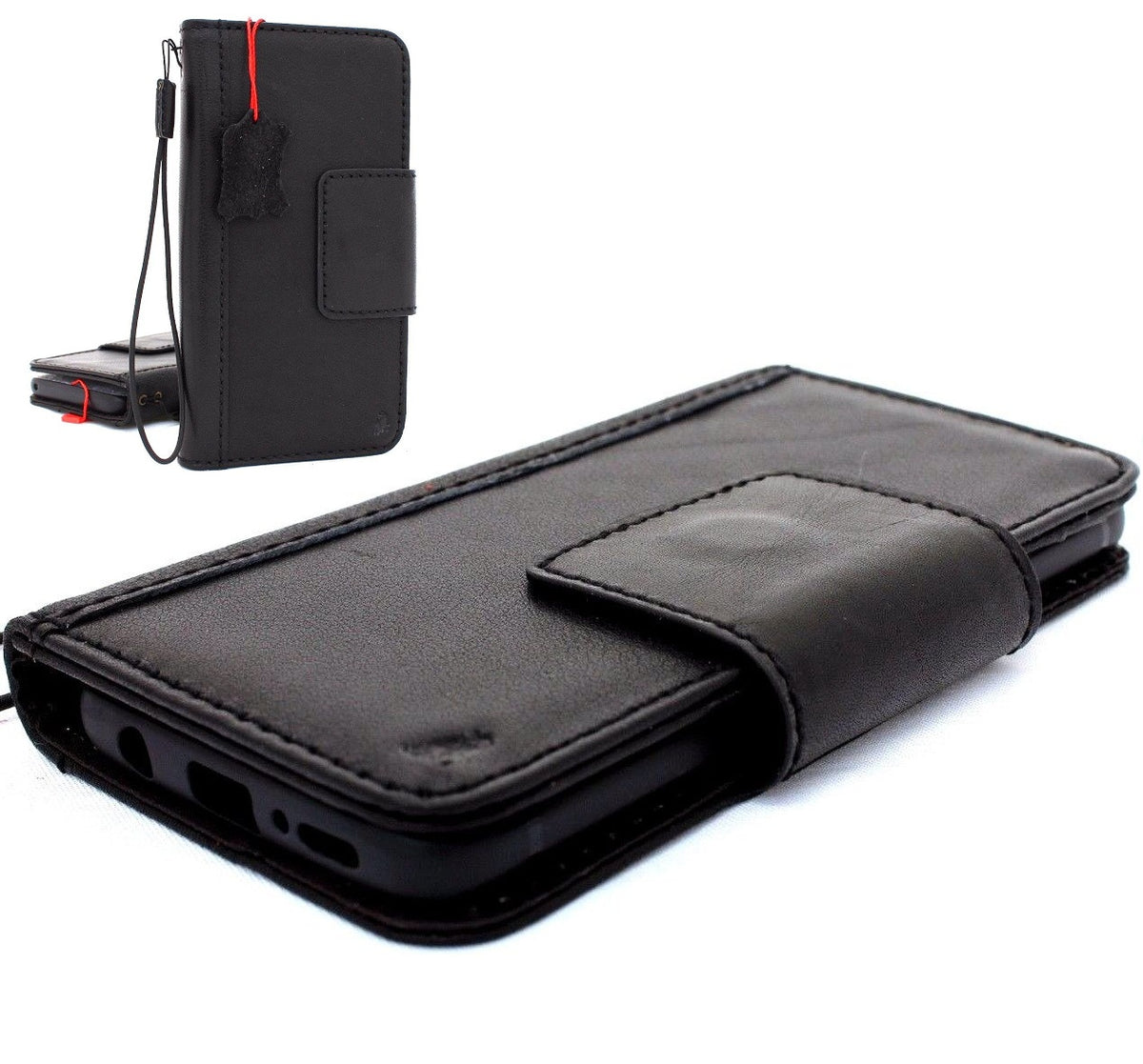 Black handmade leather wallet case for Samsung Galaxy S9 by DAVISCASE, featuring Jafo design, magnetic closure, and card slots.