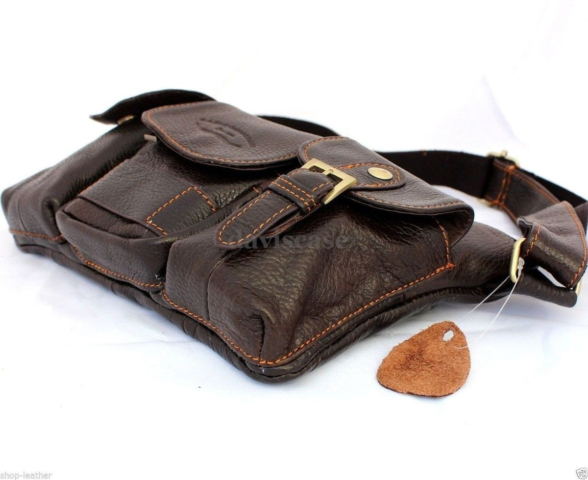 Genuine full leather men's zipper waist pouch sling backpack by DAVISCASE, featuring a compact design with a cellphone pocket.