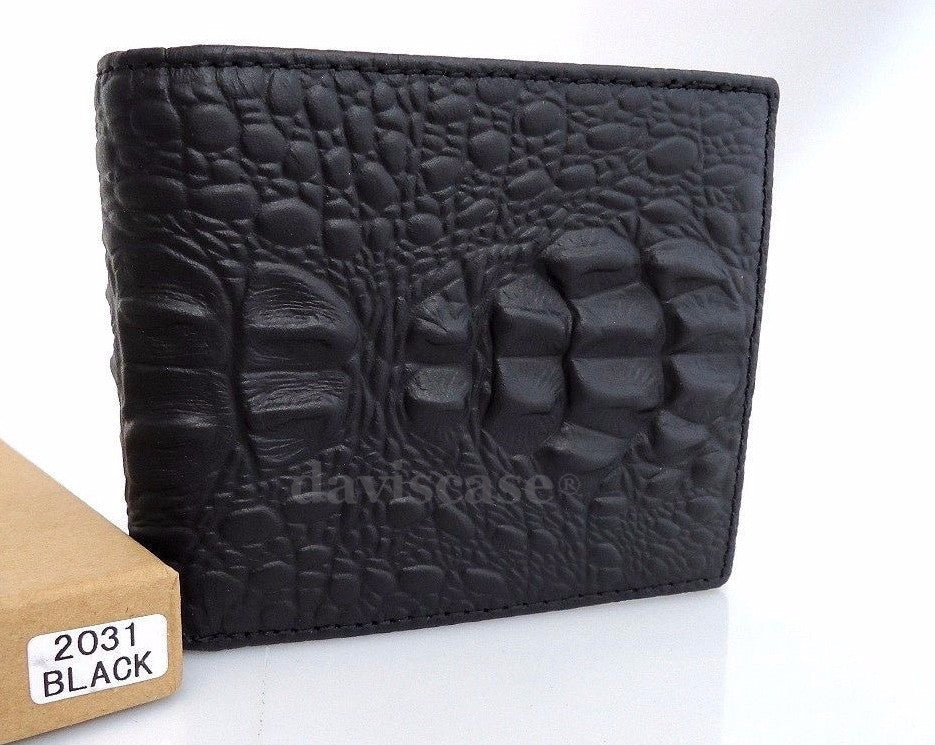 Men's black genuine vintage cow leather wallet with coin pocket, crocodile texture, by DAVISCASE.