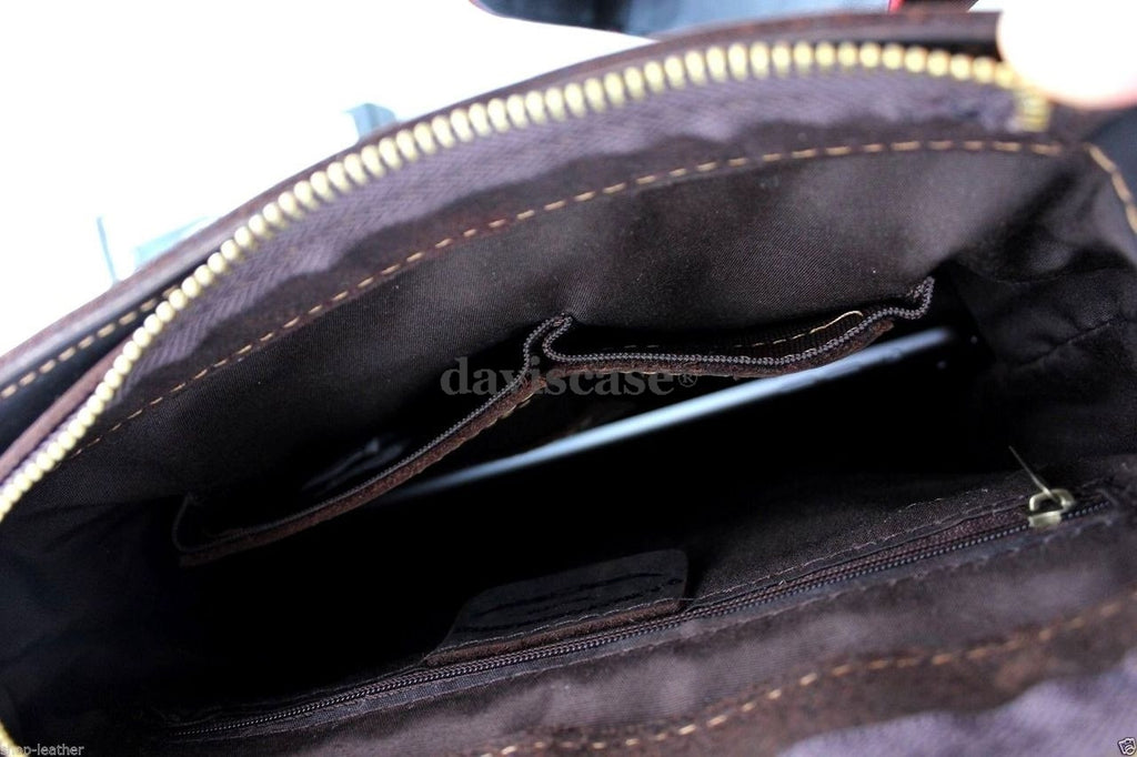 Genuine vintage brown leather men's messenger bag by DAVISCASE with shoulder strap and crossbody design, perfect for school and daily use.