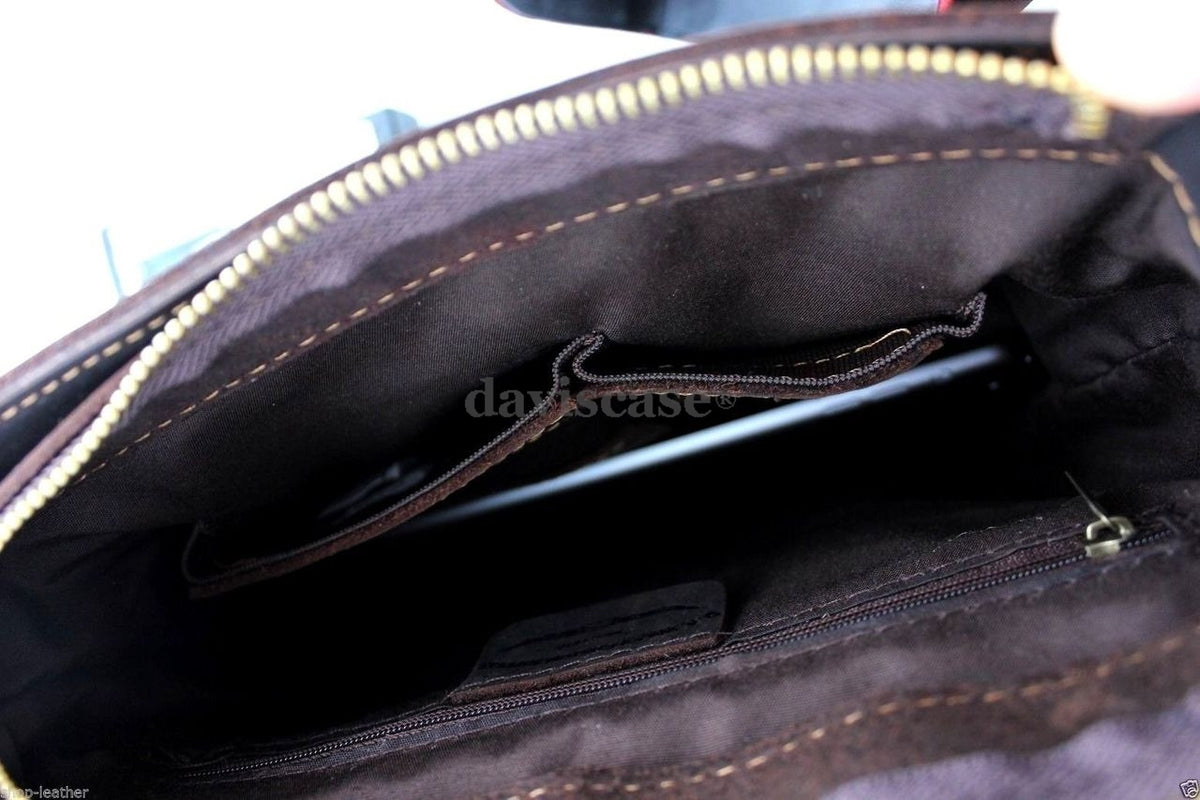 Genuine vintage brown leather men's messenger bag by DAVISCASE with shoulder strap and crossbody design, perfect for school and daily use.
