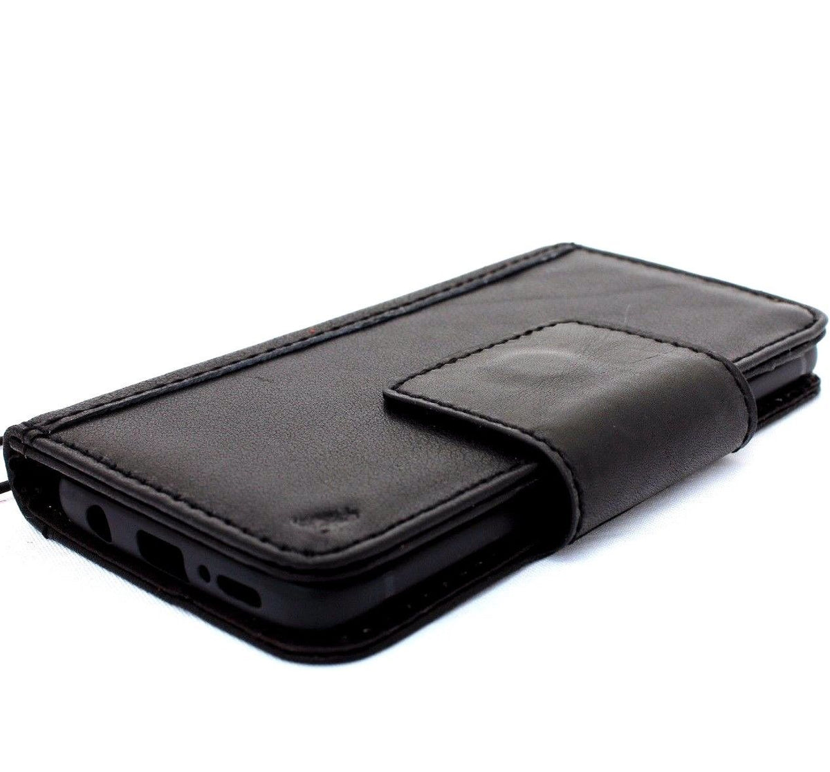 Black handmade leather phone case for Samsung Galaxy S9 with wallet-style design and magnetic closure by DAVISCASE.