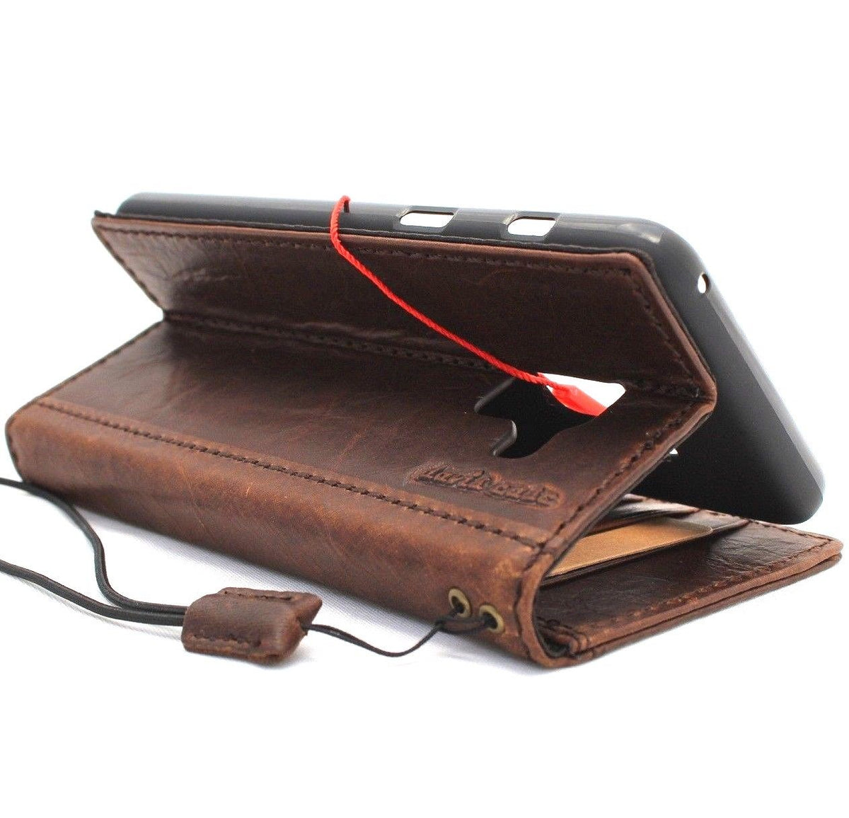 Handmade genuine Italian leather wallet case for Samsung Galaxy A8 2018, featuring a book-style design and business look.