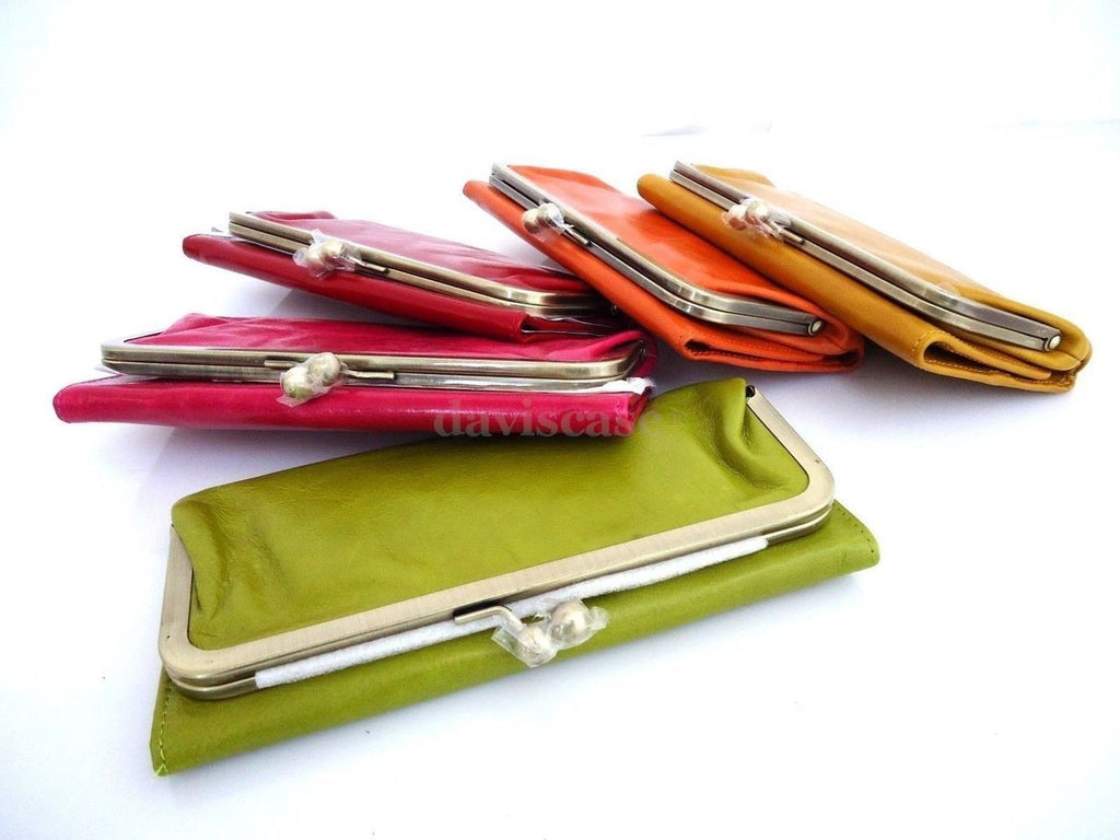 Pink genuine leather women's wallet with card slots, coin pocket, and clutch design by DavisCase, featuring a stylish leather finish.