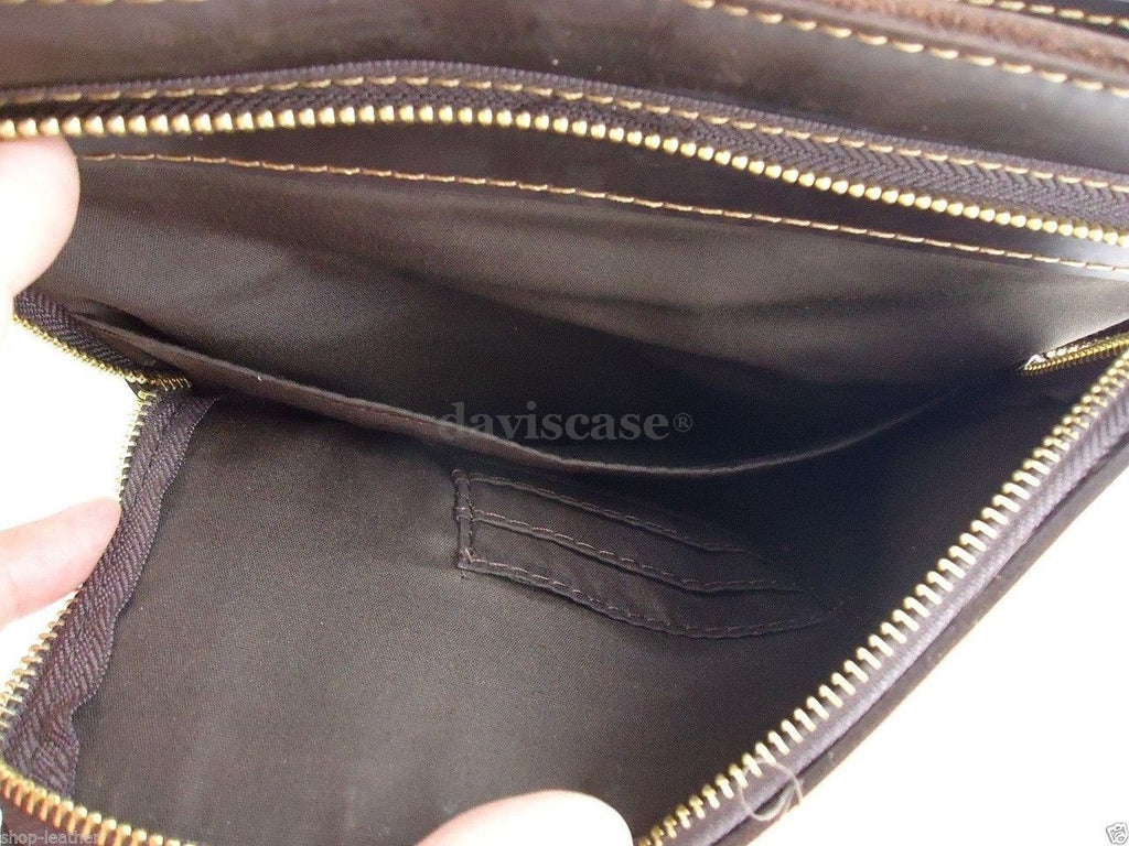 Genuine vintage style brown leather men's messenger bag by DAVISCASE with shoulder strap and crossbody design.