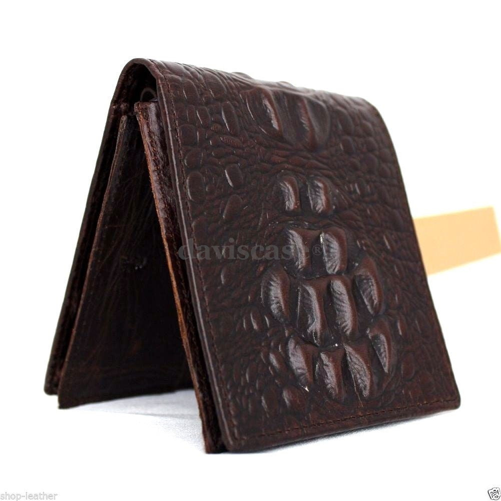 Men's genuine leather money clip wallet with coin pocket and credit card slots, featuring a crocodile texture.