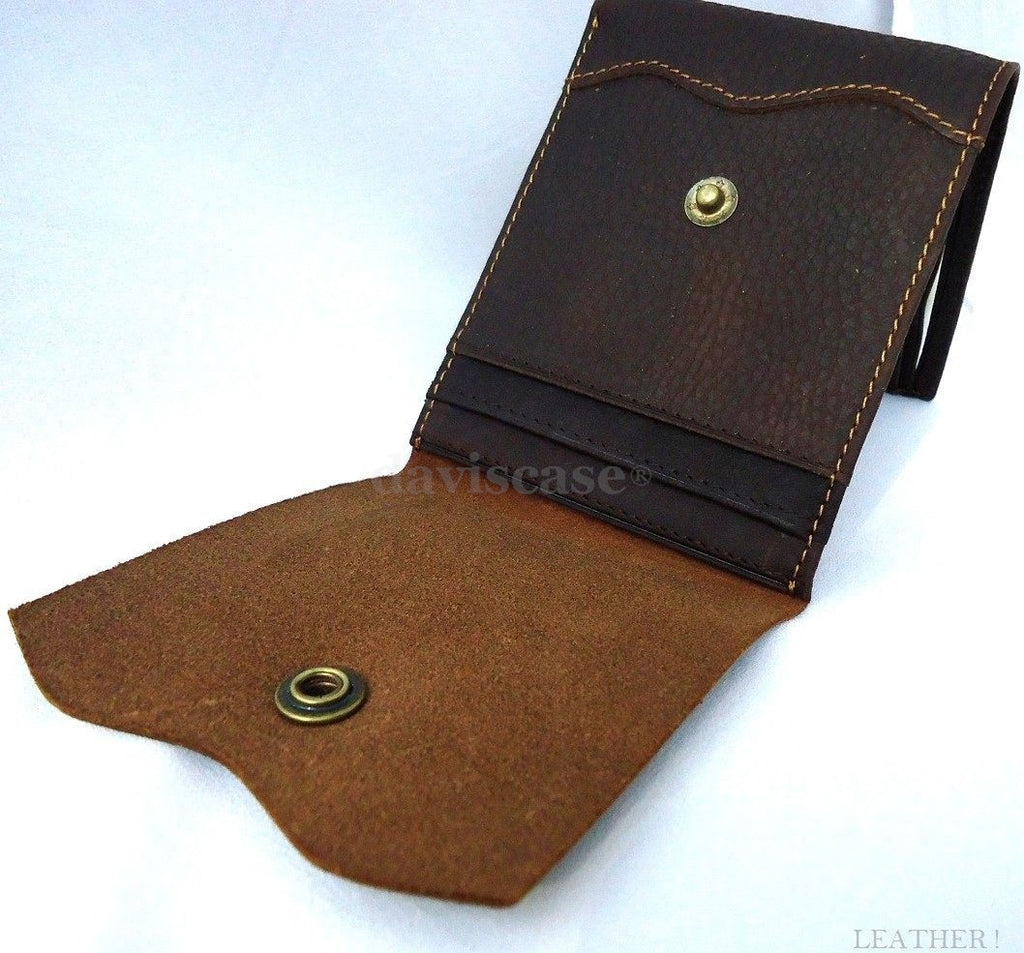 Men's brown full leather wallet with 3 credit card slots, 1 ID window, and 3 bill compartments by DAVISCASE.