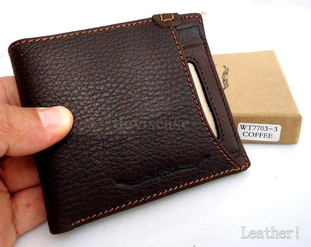 Men's genuine leather money clip wallet with coin pocket, handmade by DAVISCASE, featuring a sleek and compact design.