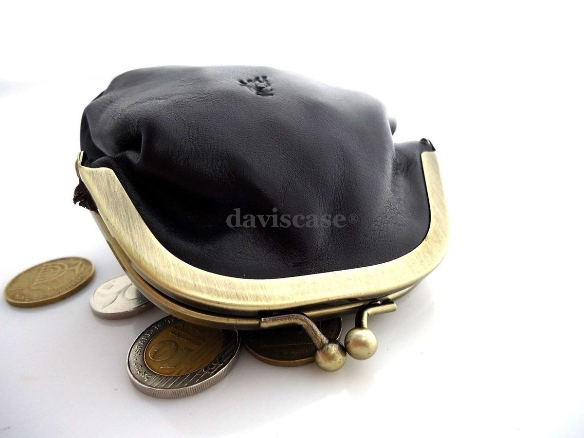 Black genuine soft leather women's mini coin purse and wallet case, compact and stylish for ladies.