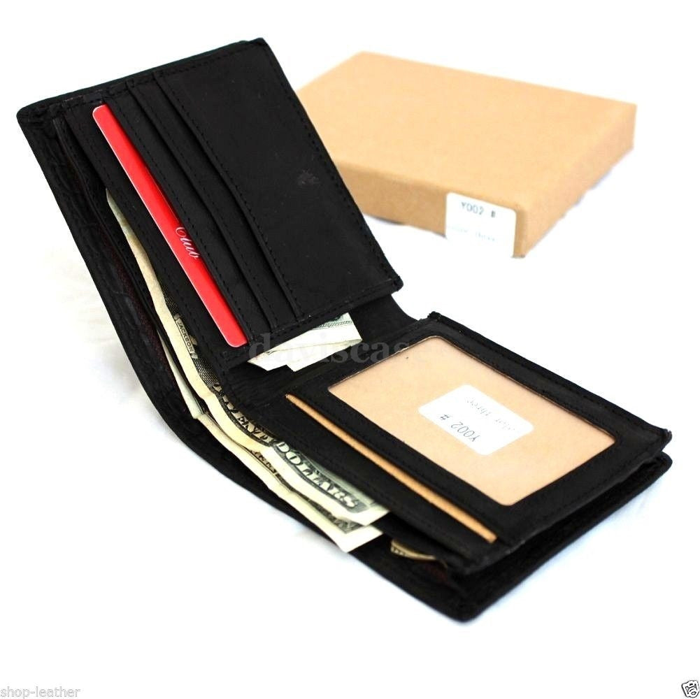 Black men's full leather wallet with crocodile texture, 4 card slots, ID window, and 2 bill sections in a slim design.