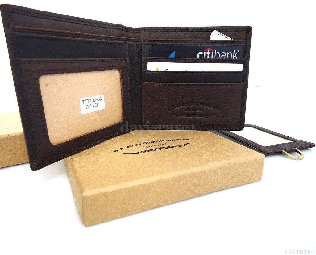 Men's genuine leather bifold and trifold wallet with card and money slots, slim design, crafted for durability and style.