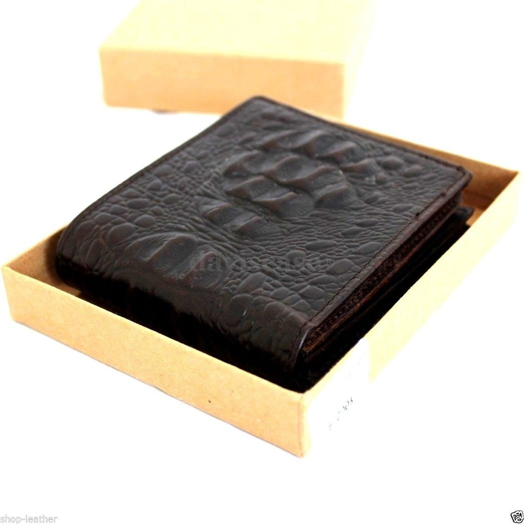 Men's genuine leather money clip wallet by DAVISCASE, slim crocodile design with card and bill compartments.