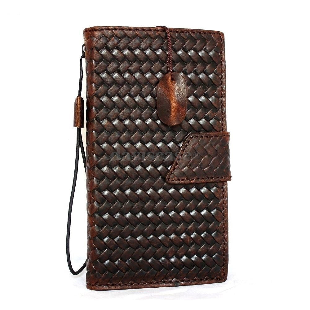Handmade genuine Italian leather iPhone 6 Plus case with flip design, card slots, ID window, and magnetic closure.