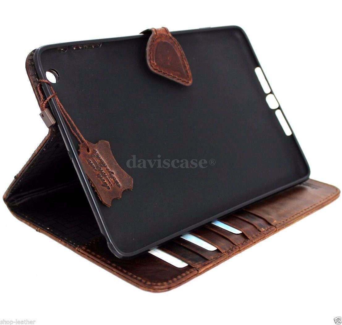 Brown genuine leather iPad Mini 4 case with card slots, stand feature, slim design, and magnetic closure.