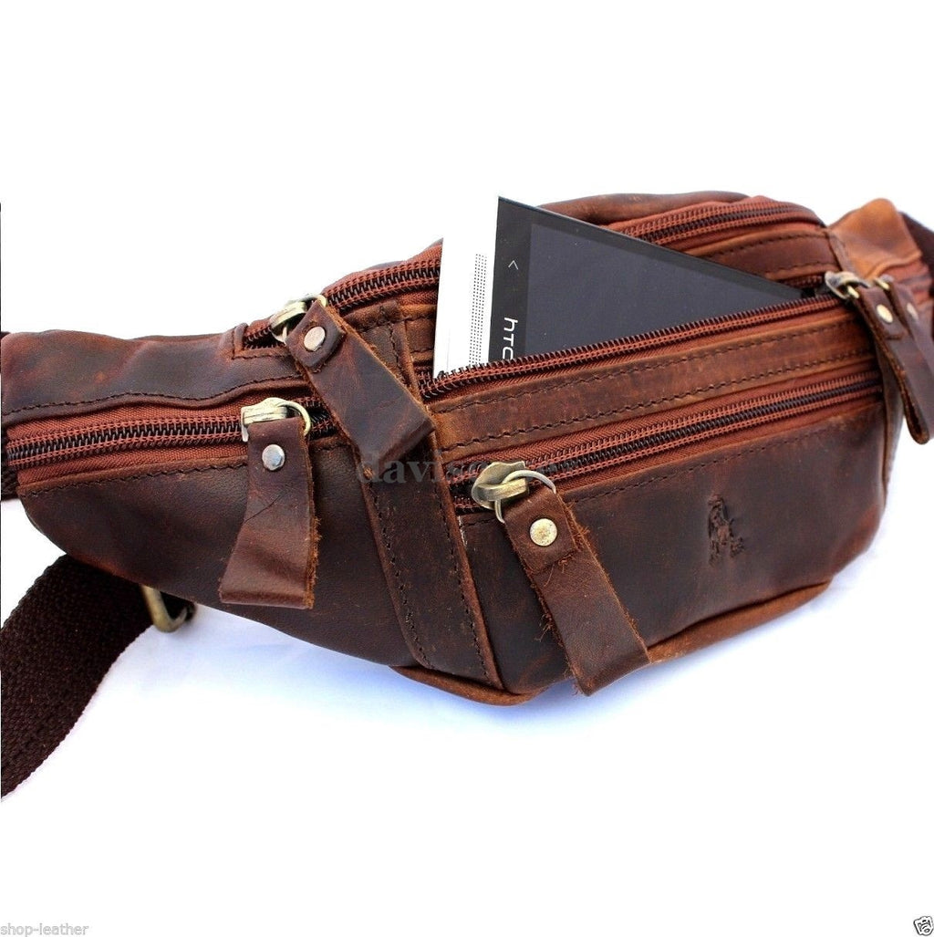 Vintage leather men's waist pouch backpack with cellphone pocket and coin compartment by DAVISCASE, stylish and functional leather bag.