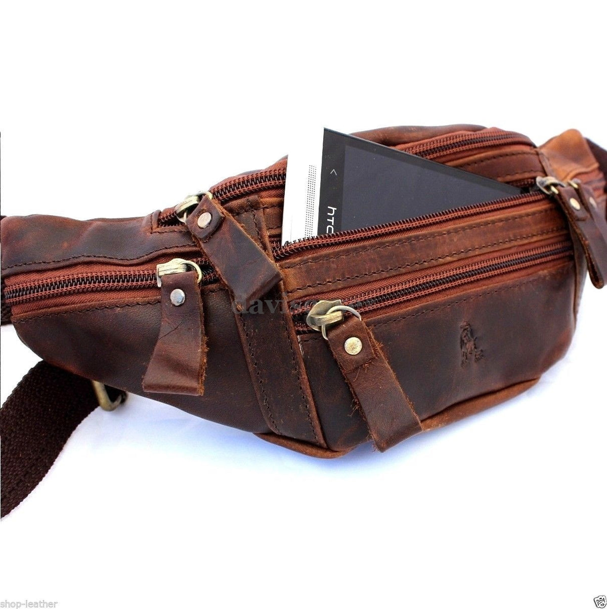 Vintage leather men's waist pouch backpack with cellphone pocket and coin compartment by DAVISCASE, stylish and functional leather bag.