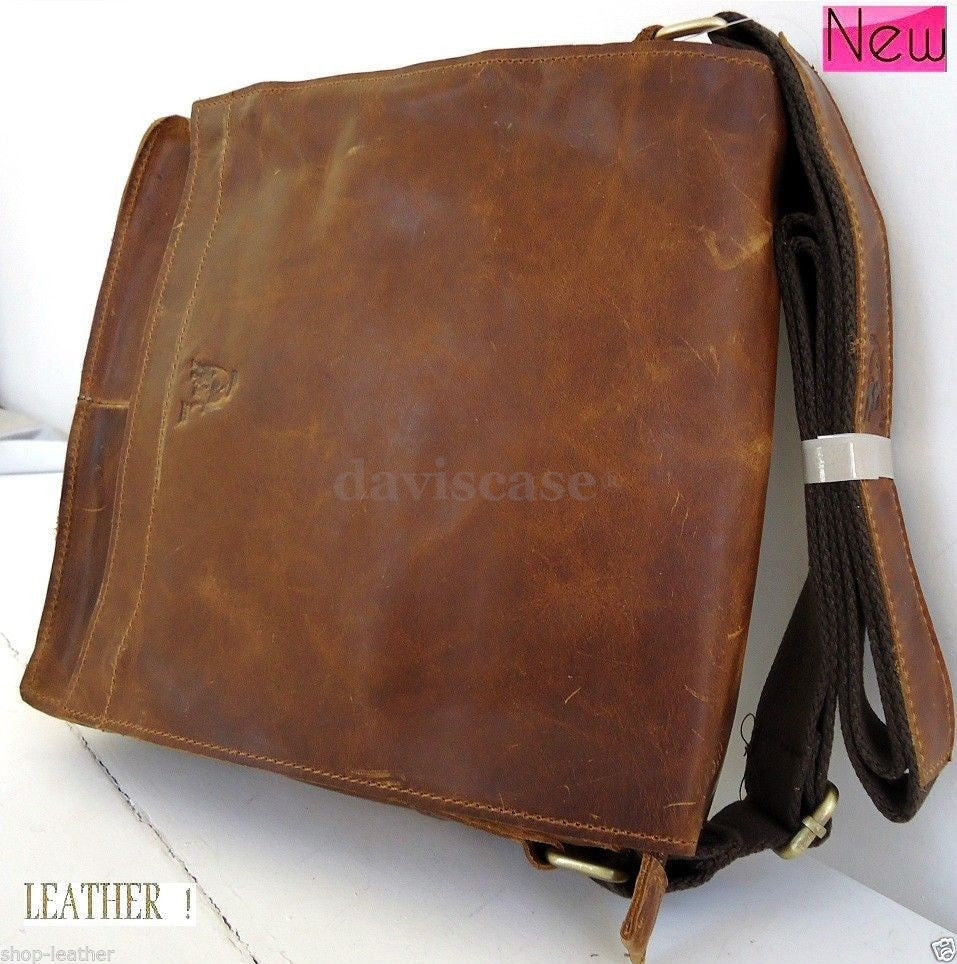 Vintage leather messenger bag for iPad and laptops, men's classic genuine leather handbag with a timeless design.