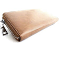 Beige genuine leather women's tote wallet with zipper, coin compartment, and credit card slots from DAVISCASE.