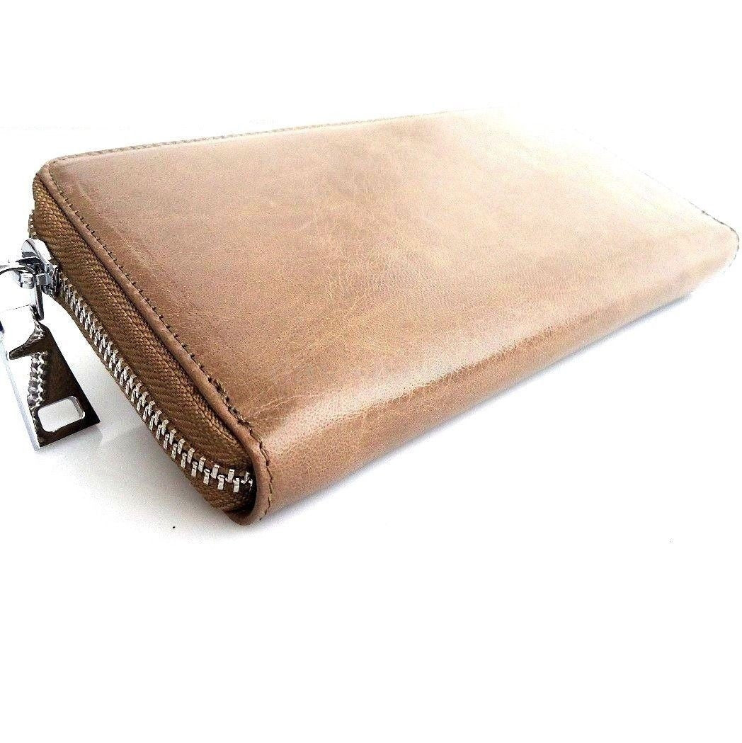 Beige genuine leather women's tote wallet with zipper, coin compartment, and credit card slots from DAVISCASE.