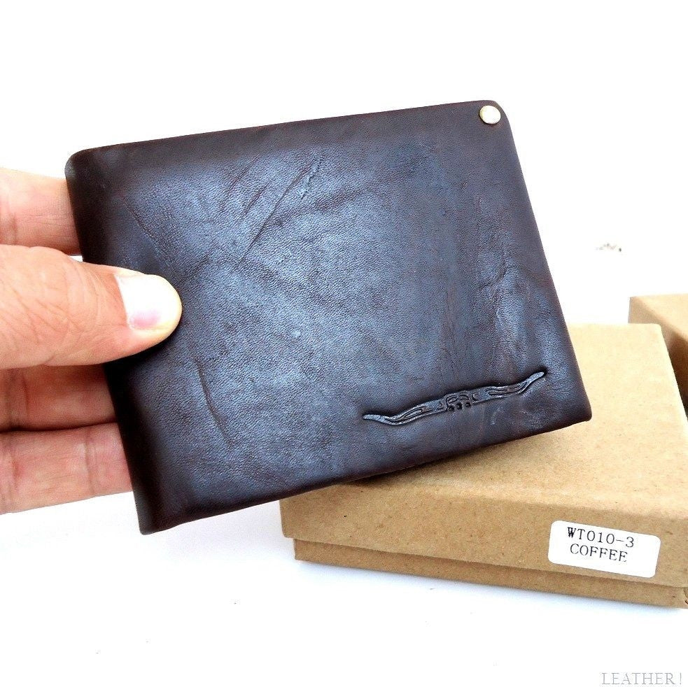 Men's brown full leather wallet with 3 credit card slots, 3 bill compartments, and an ID window by DAVISCASE.