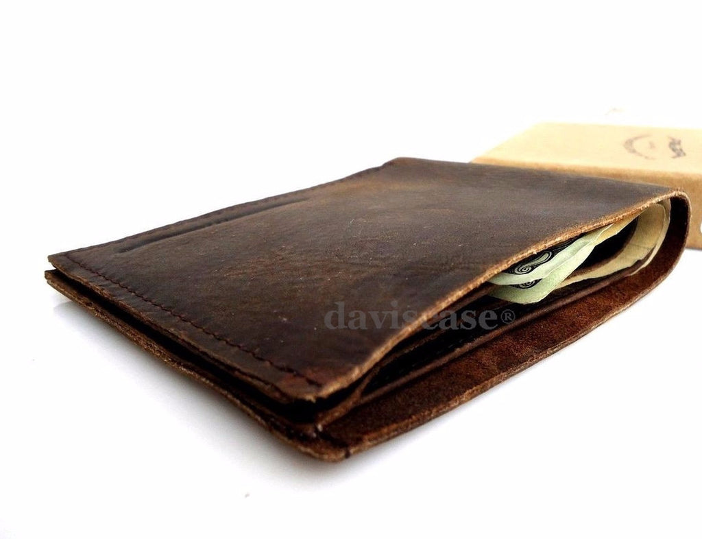 Men's slim brown full leather wallet with credit card slots, ID window, and bill compartments, designed for everyday use.