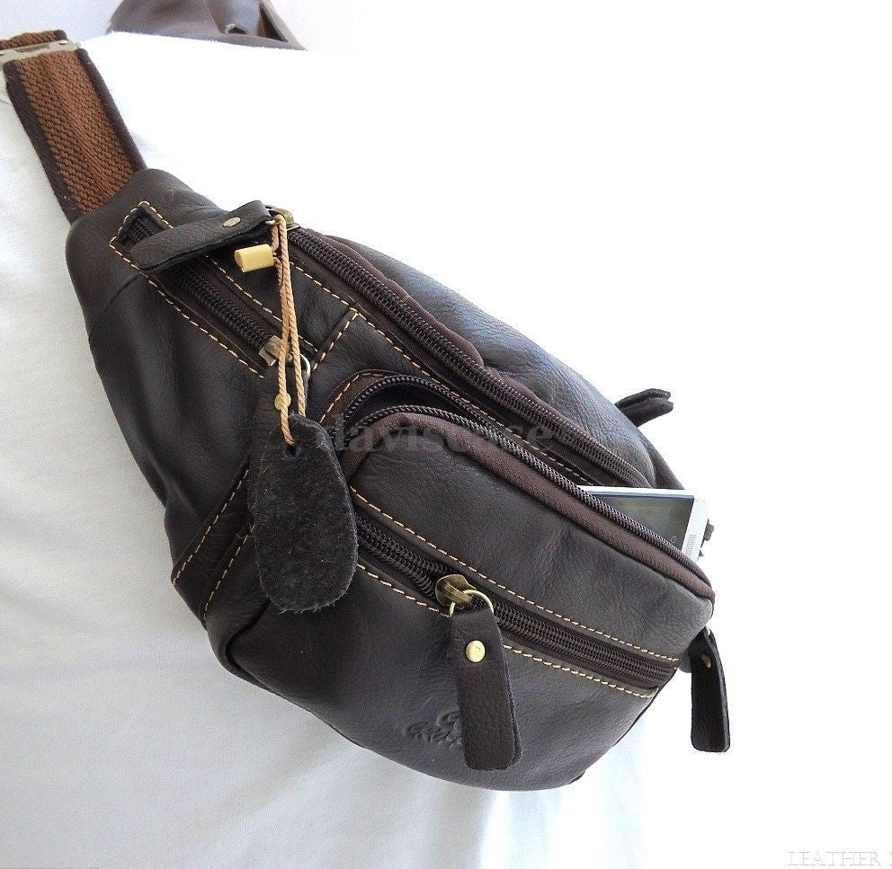 Genuine natural leather men's shoulder wallet bag by DAVISCASE, featuring a compact waist pouch style with multiple pockets.