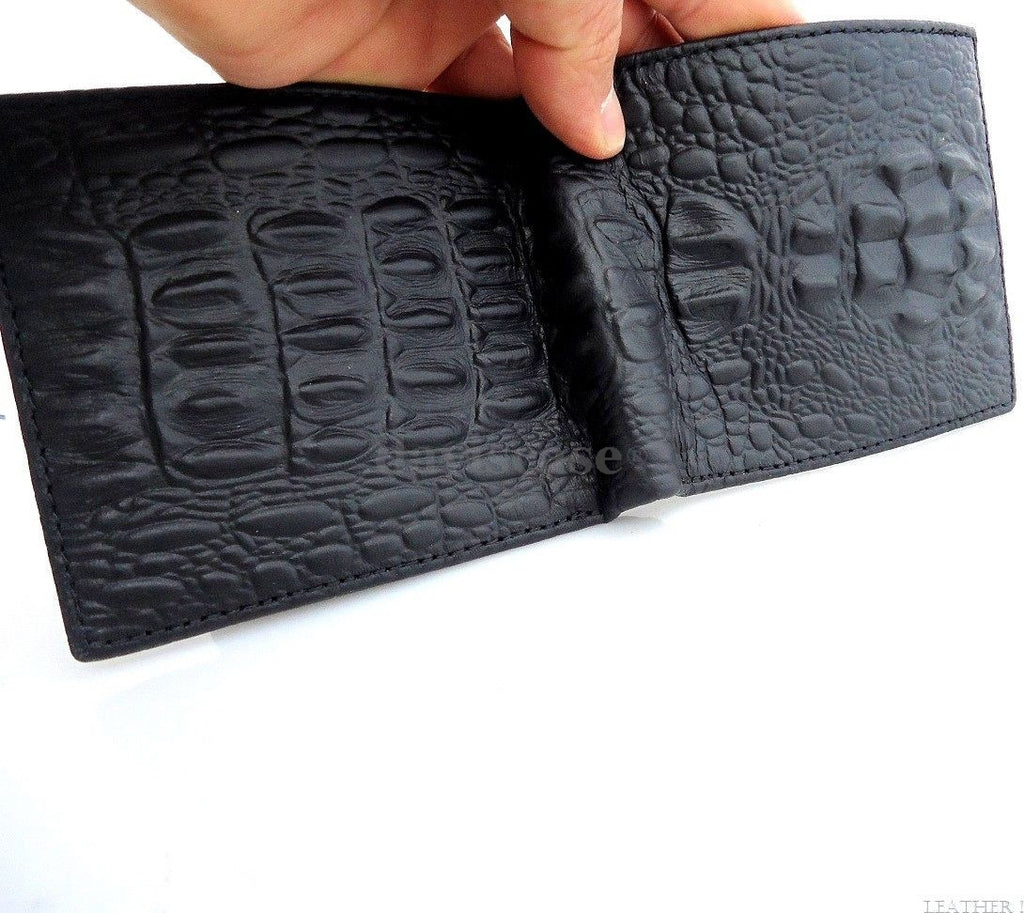 Men's black genuine vintage cow leather wallet with coin pocket, crocodile pattern, by DAVISCASE.