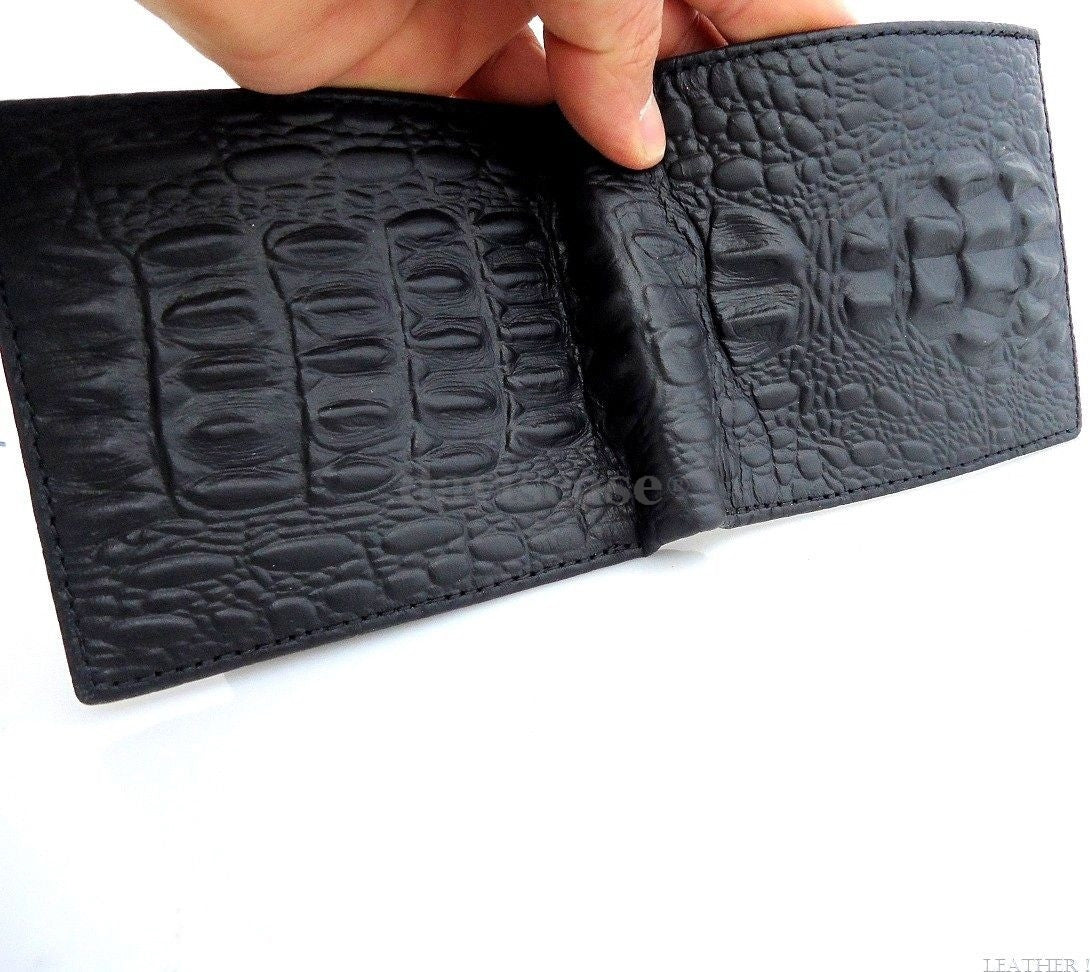 Men's black genuine vintage cow leather wallet with coin pocket, crocodile pattern, by DAVISCASE.