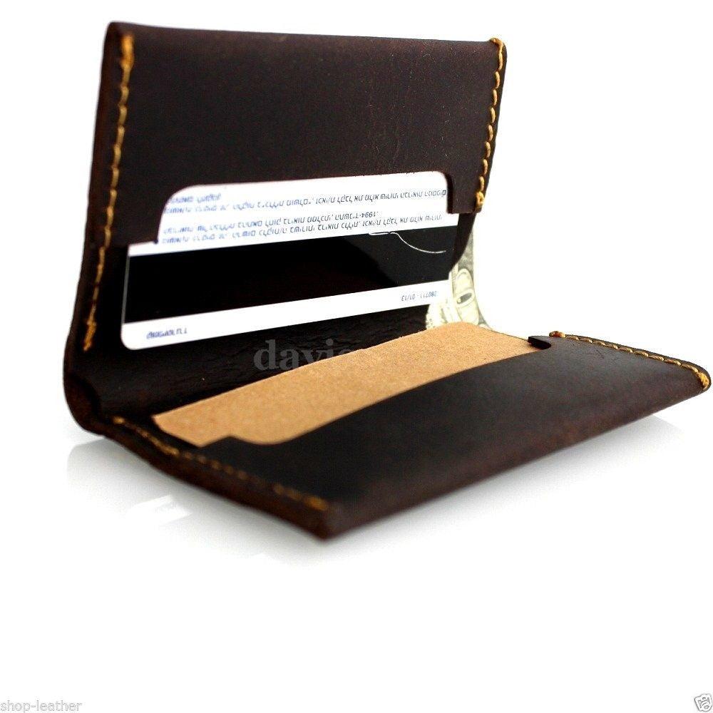 Men's brown leather credit card case by DAVISCASE with 2 card slots, slip pockets, and a bill compartment, compact and stylish.