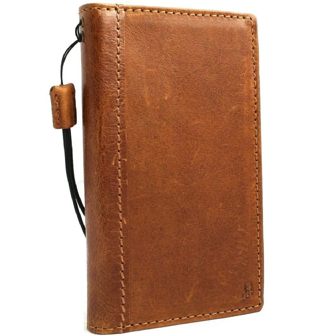 Genuine tan leather Samsung Galaxy S10e wallet case with card slots, strap, and charging port from DAVISCASE, slim and pro-designed