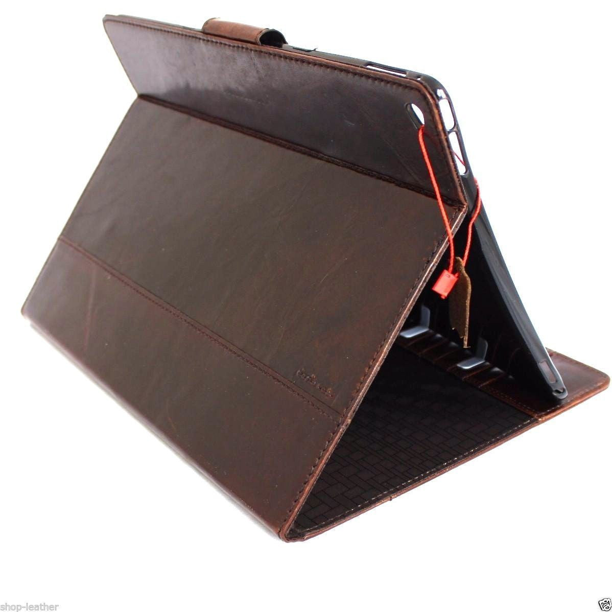 Brown genuine leather iPad Pro 12.9 case by DAVISCASE with slim card slots, stand magnet, and handbag-style design.