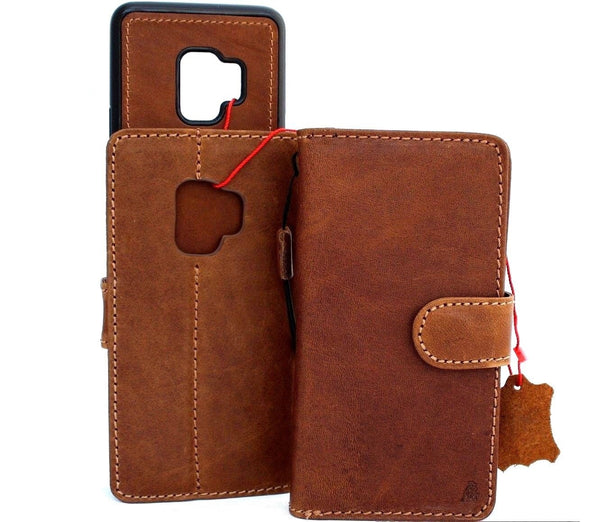 Genuine leather Case for Samsung Galaxy S9 book wallet cover Cards Removable detachable id window vintage Tan brown slim Jafo