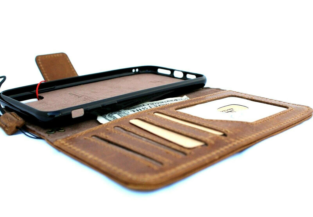 Handmade genuine leather iPhone XS Max case with wallet design, credit card slots, soft rubber stand, and wireless charging compatibility.