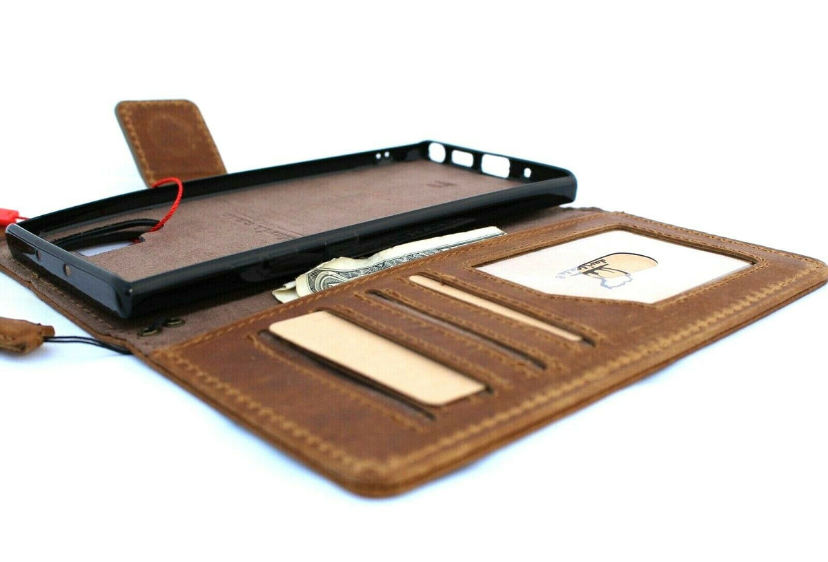 Genuine full tanned leather Samsung Galaxy Note 10 Plus wallet case with removable slots, ID window, and soft interior.