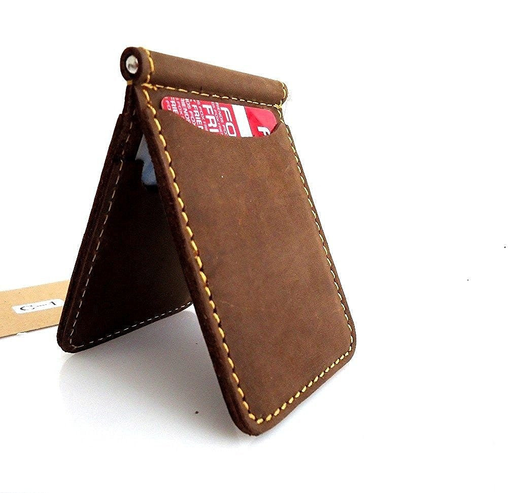 Genuine buffalo leather men's mini wallet with ID and credit card slots, small slim style, lightweight and compact.