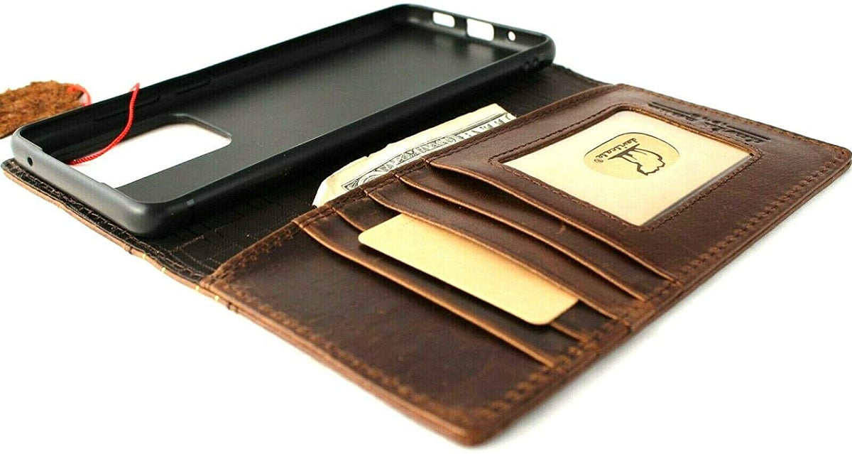 DavisCase genuine leather Galaxy S20 Ultra 5G wallet case with ID window, card slots, Bible book design, and wireless charging compatibility.