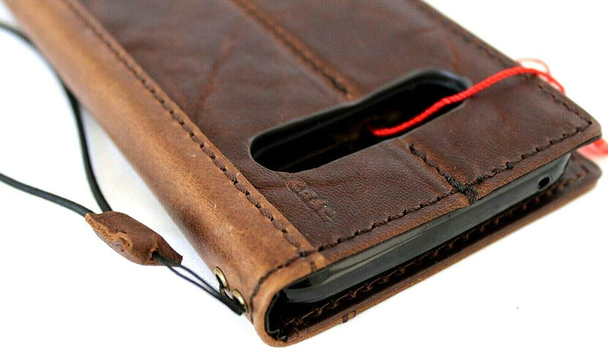Handmade dark brown leather phone case for LG V60 with card slots, vintage style, magnetic closure, by DavisCase.