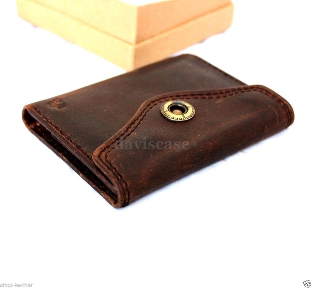 Men's genuine leather money clip wallet with coin pocket, used style, featuring a sleek and compact design for gents.