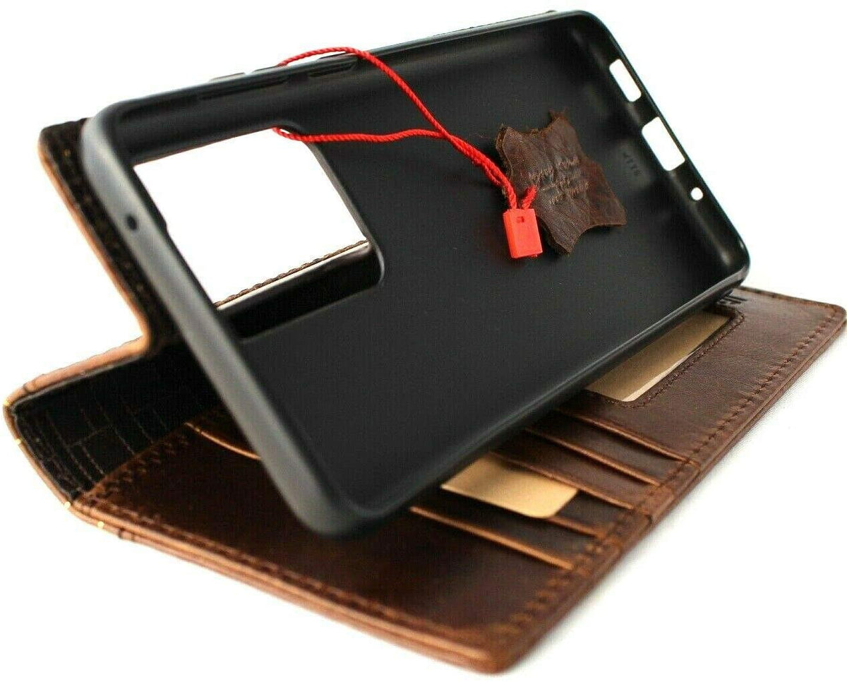 DavisCase genuine leather book wallet case for Samsung Galaxy S20 Ultra 5G with card slots, ID window, and Bible book design.