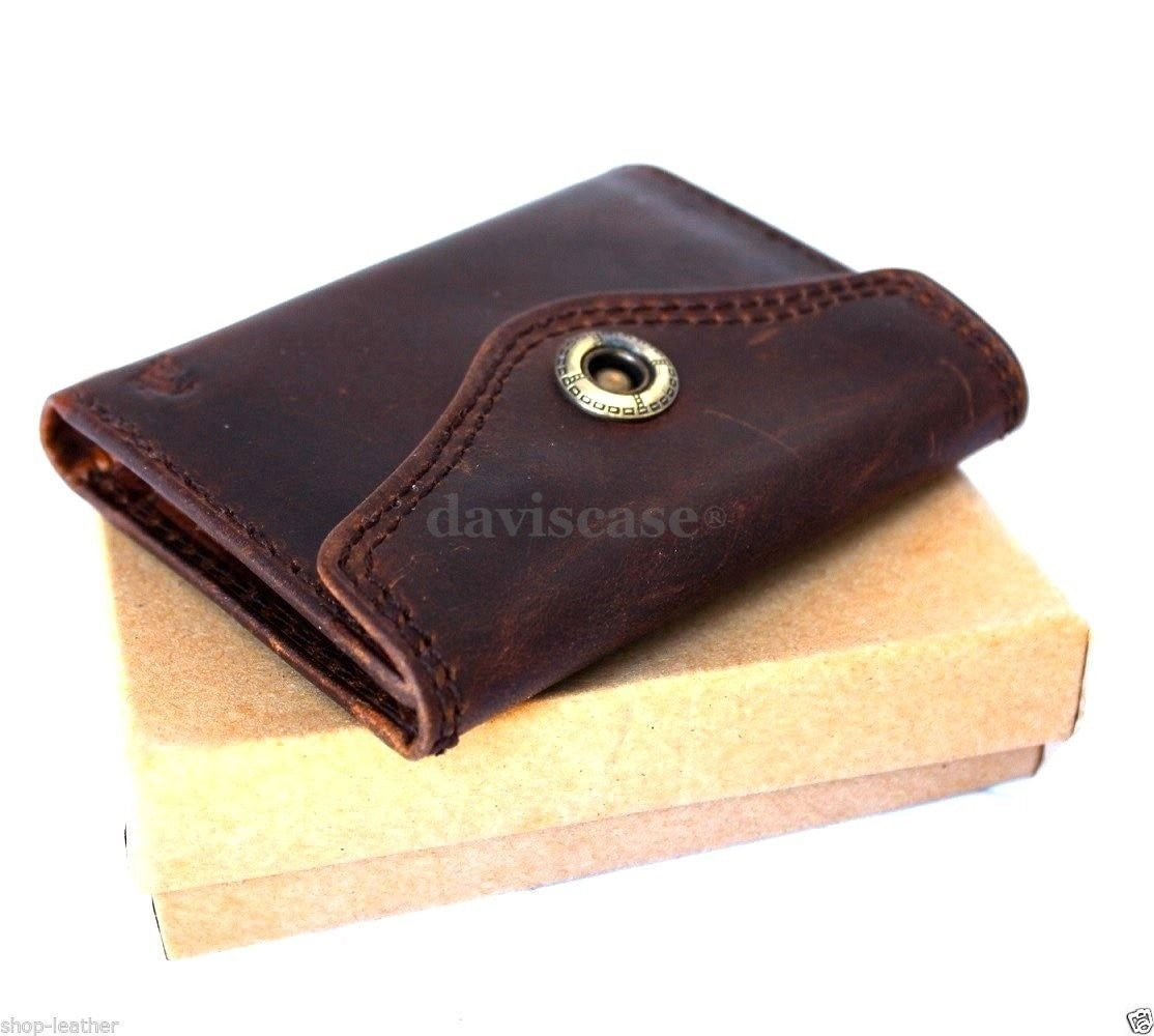 Men's genuine leather money clip wallet with coin pocket, used style, featuring a minimalist design and secure clip for cash and cards.