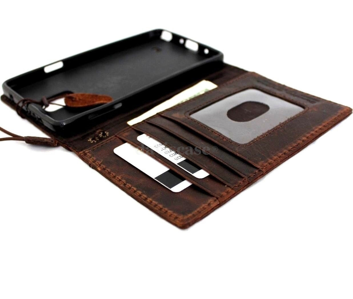 Vintage brown leather wallet case for Galaxy Note 4 with card slots, slim design, handmade phone cover by vendor-unknown.