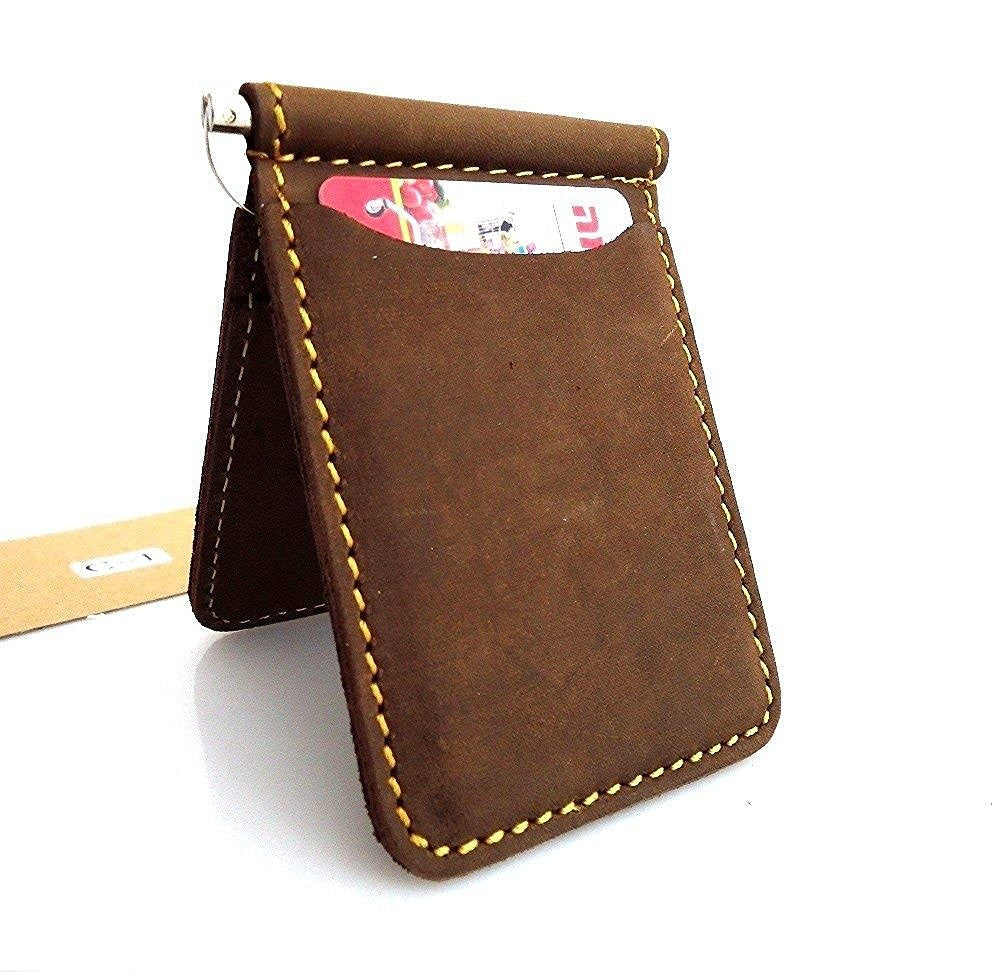 Genuine buffalo leather men's mini wallet with ID and credit card slots, slim and lightweight style for everyday use.