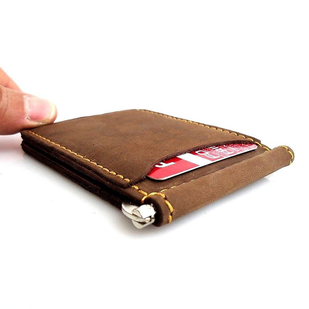 Genuine buffalo leather men's mini wallet with ID and credit card slots, small and lightweight style for quick access
