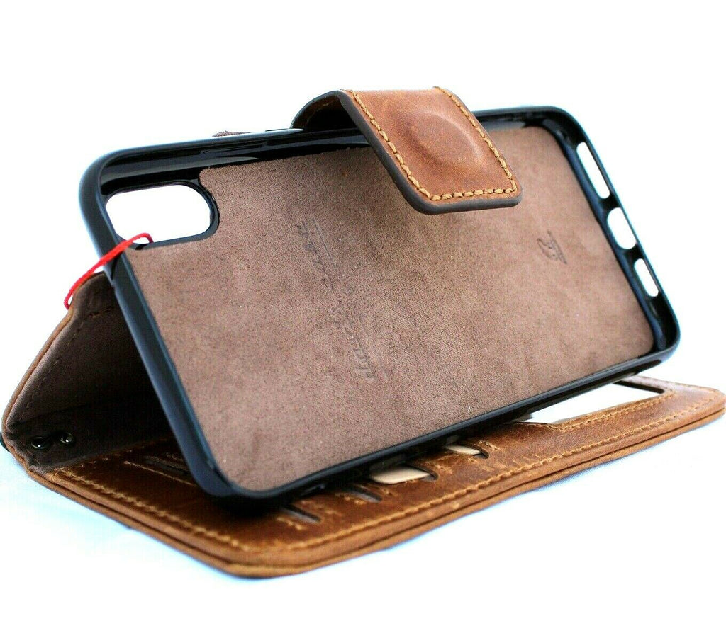 Handmade genuine tanned leather iPhone XS Max case by DAVISCASE with wallet, credit card slots, soft rubber stand, wireless charging compatible