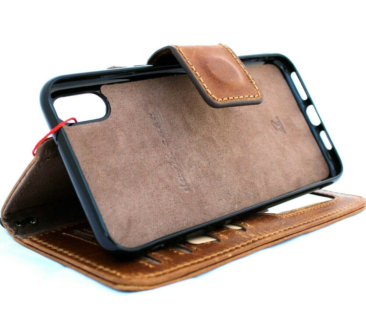 Handmade genuine tanned leather iPhone XS Max case by DAVISCASE with wallet, credit card slots, soft rubber stand, wireless charging compatible