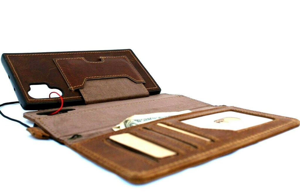 Genuine full tanned leather Samsung Galaxy Note 10 Plus wallet case with removable slots, rubber window, and wireless charging compatibility.