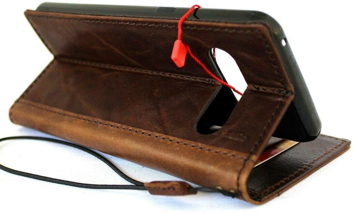 Handmade dark brown leather LG V60 book wallet case with card slots, vintage style, magnetic closure, by DAVISCASE