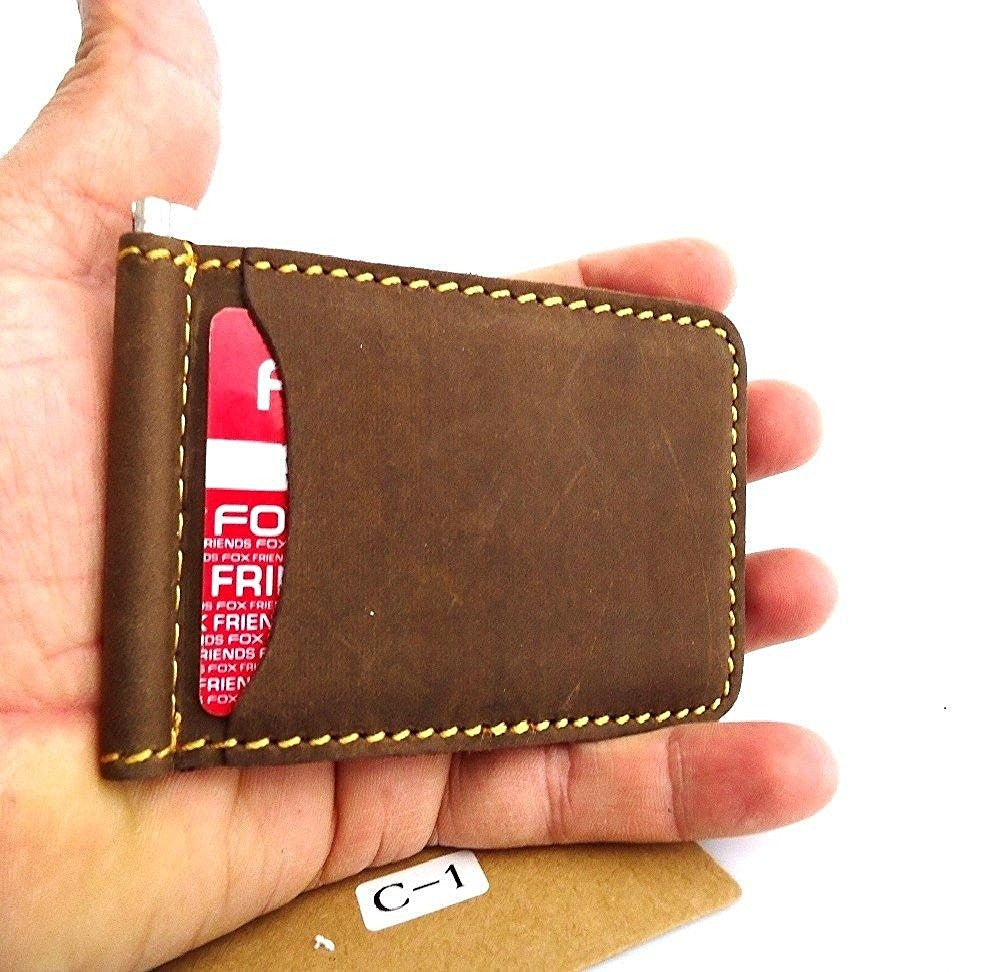 Genuine buffalo leather men's mini wallet with ID and credit card slots, small and lightweight style in natural leather finish.