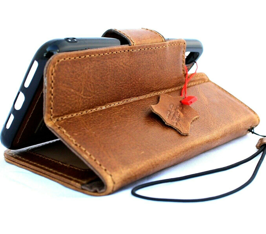 Handmade genuine leather iPhone XS Max case with wallet slots, removable stand, soft rubber grip, compatible with wireless charging.
