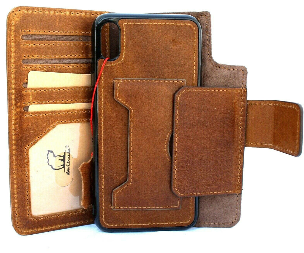 Handmade genuine leather iPhone XS Max case by DAVISCASE with wallet, credit card slots, soft rubber stand, and wireless charging compatibility.